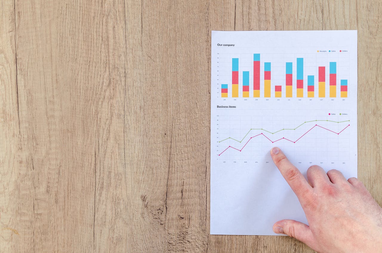 Services Hand analyzing business graphs on a wooden desk, focusing on data results and growth analysis.